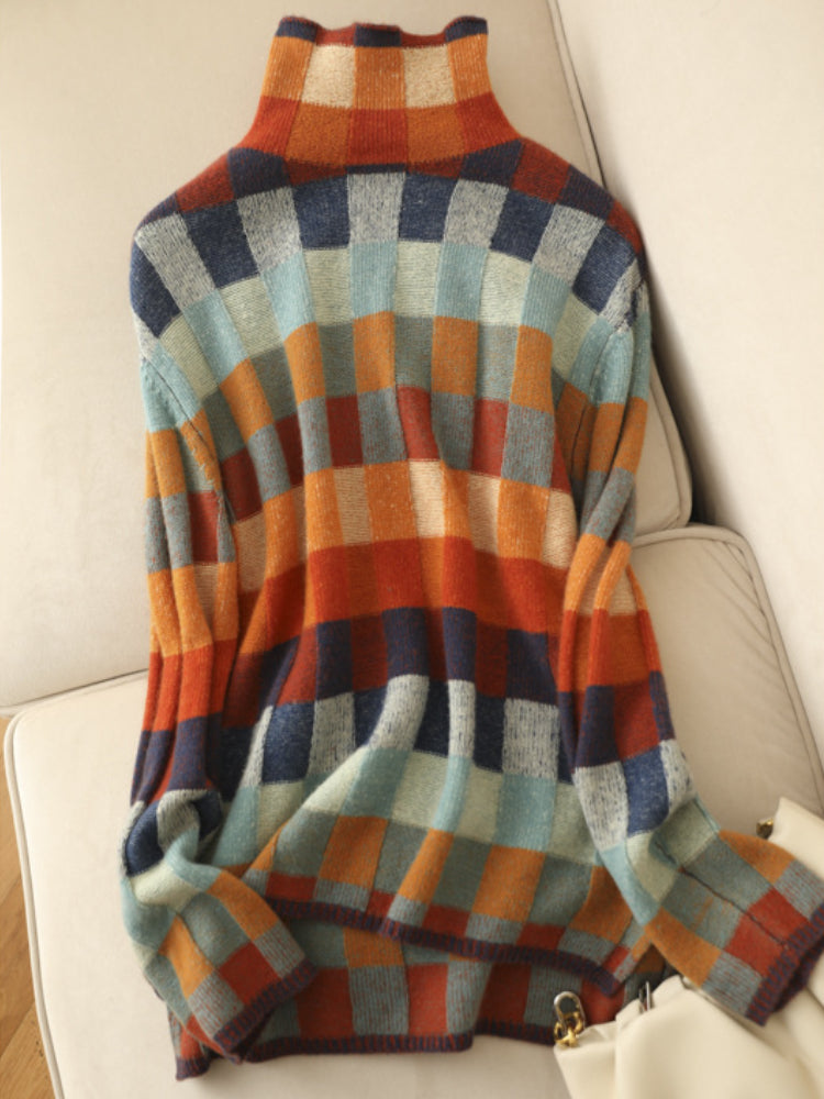 Women colorful checkerboard high-neck knit sweater