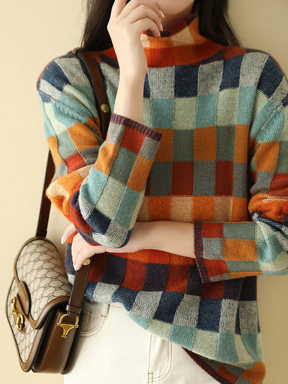 Women colorful checkerboard high-neck knit sweater