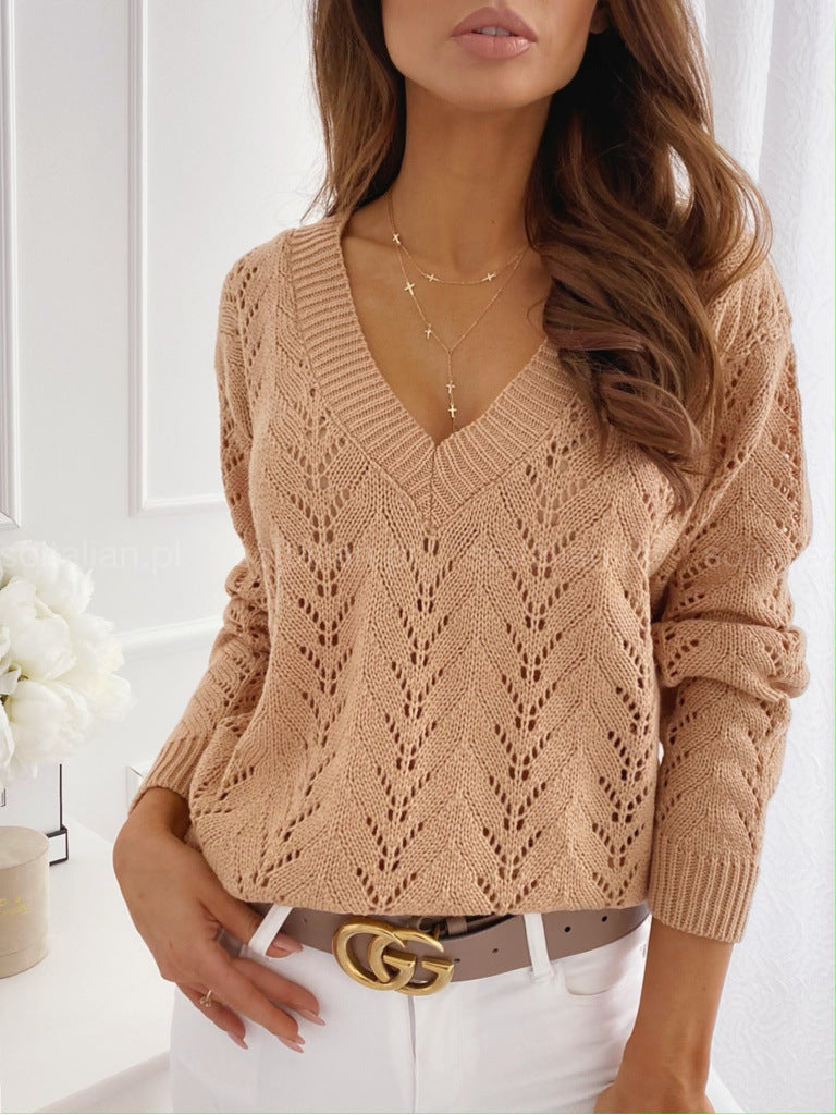 Sissie - v-neck long sleeve hollow loose casual knitted sweater