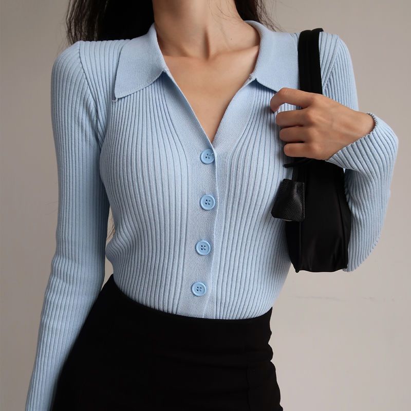 Joy - v-neck knitted lapel neckline long sleeve top