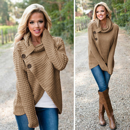 Women's autumn sweater high lapel pullover button solid color