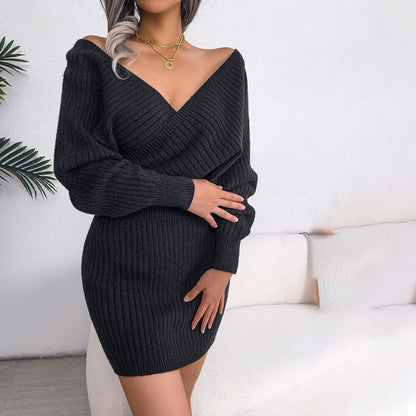 Women's autumn winter cross v-neck bat skirt sweater dress