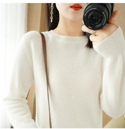 Women's autumn winter solid color long sleeve round neck pullover sweater