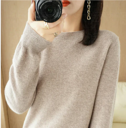 Women's autumn winter solid color long sleeve round neck pullover sweater