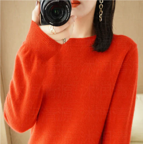 Women's autumn winter solid color long sleeve round neck pullover sweater