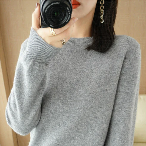 Women's autumn winter solid color long sleeve round neck pullover sweater