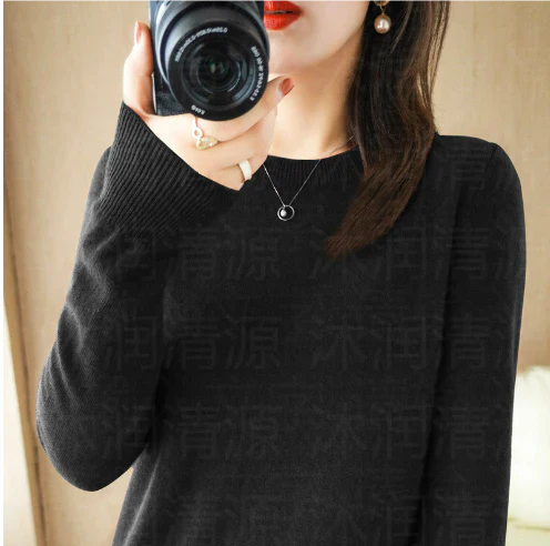 Women's autumn winter solid color long sleeve round neck pullover sweater