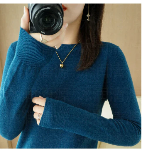 Women's autumn winter solid color long sleeve round neck pullover sweater