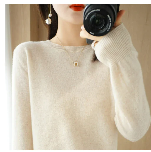 Women's autumn winter solid color long sleeve round neck pullover sweater