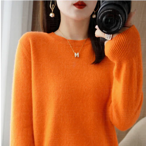 Women's autumn winter solid color long sleeve round neck pullover sweater