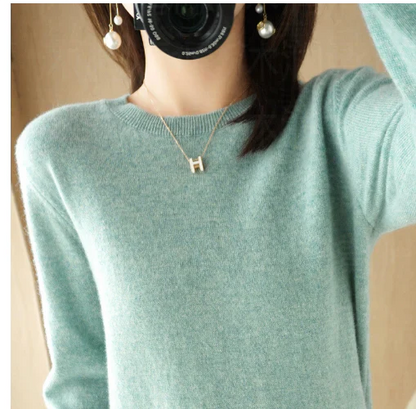 Women's autumn winter solid color long sleeve round neck pullover sweater