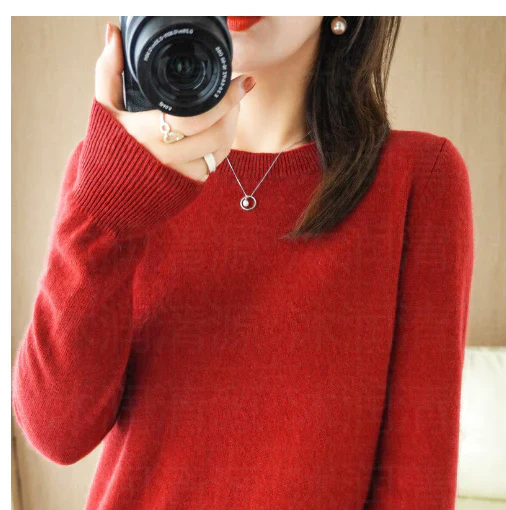 Women's autumn winter solid color long sleeve round neck pullover sweater