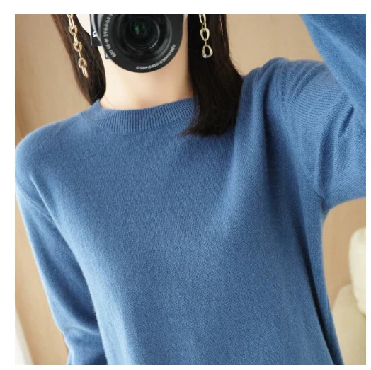 Women's autumn winter solid color long sleeve round neck pullover sweater