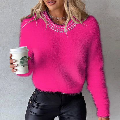 Women's beaded fur collar short knit sweater