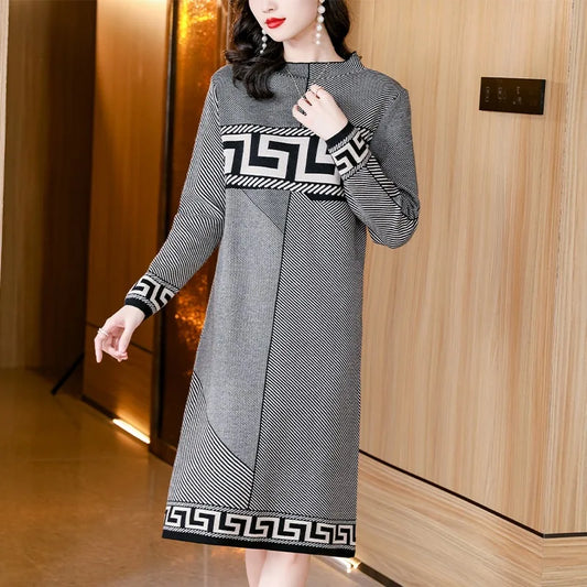 Women's high-end jacquard knitted slim wool dress