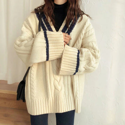 Women's autumn/winter thickened ribbed v-neck loose casual knit sweater