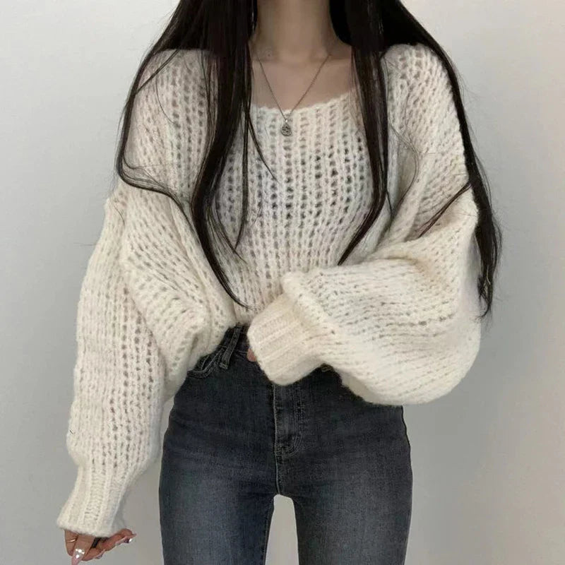 Women's casual hollow out lantern sleeve knitted pullover sweater