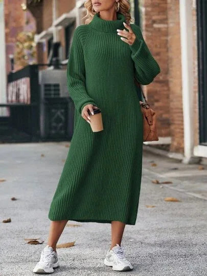 Women's long knitted sweater dress with high collar