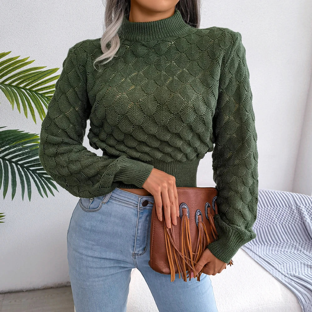 Women's autumn winter crop top hollow out knitted sweater