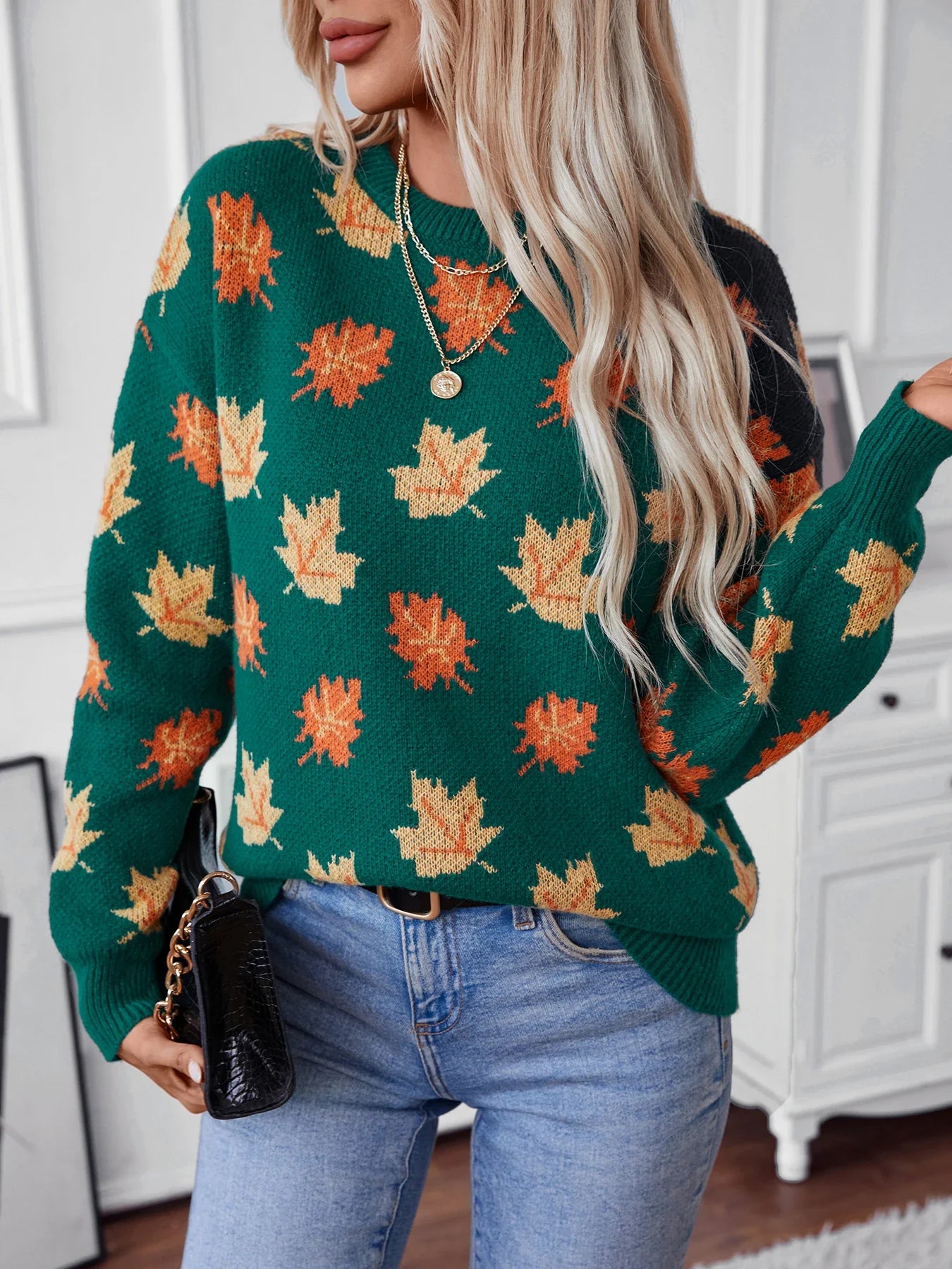 Women's autumn winter maple leaf pullover knitted sweater