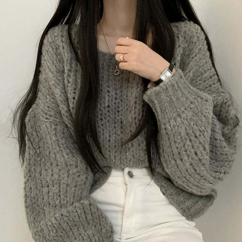 Women's casual hollow out lantern sleeve knitted pullover sweater