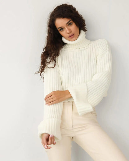 Women ribbed turtleneck cropped sweater