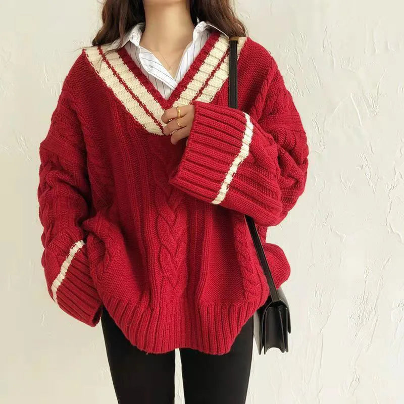 Women oversized v neck vintage knit sweater