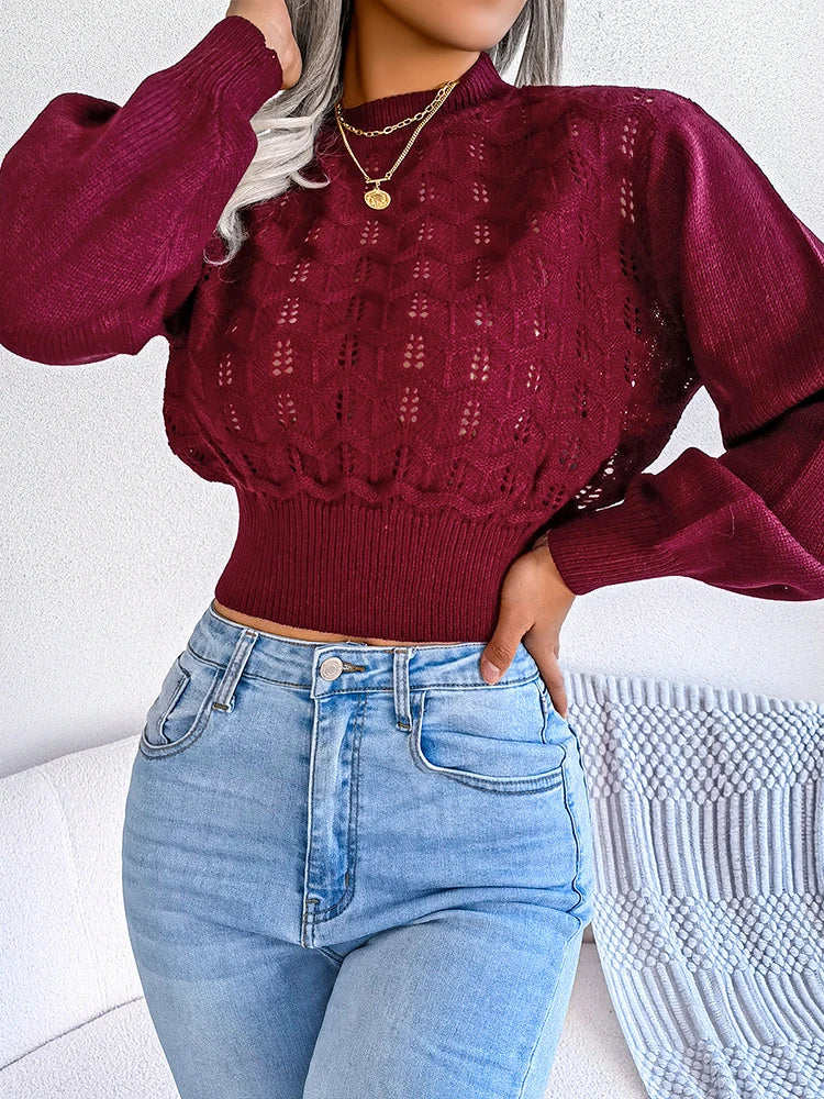 Women's casual knitted hollow long-sleeve crop sweater