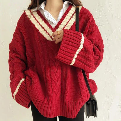 Women's autumn/winter thickened ribbed v-neck loose casual knit sweater