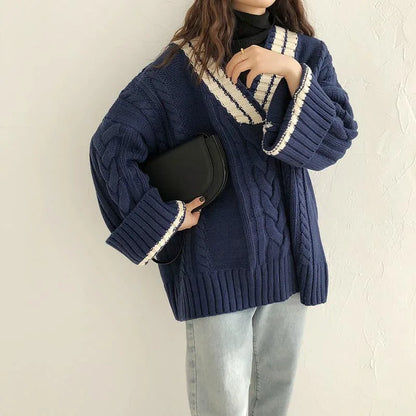 Women oversized v neck vintage knit sweater