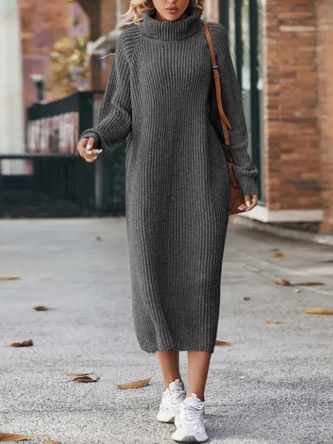 Women's long knitted sweater dress with high collar