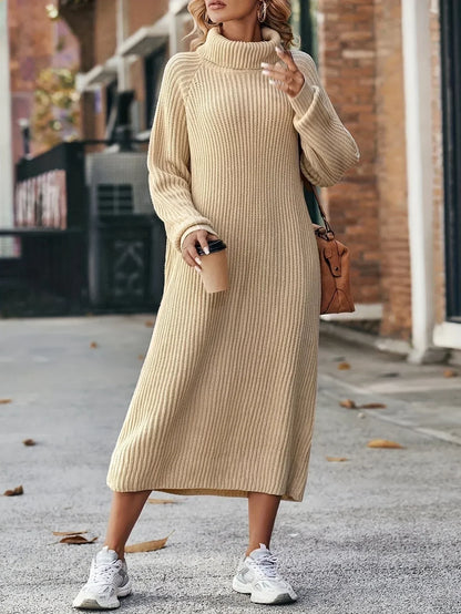 Women's long knitted sweater dress with high collar