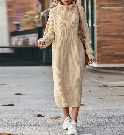 Women's long knitted sweater dress with high collar