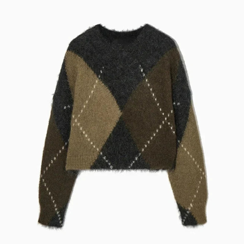 Women's autumn diamond plaid v-neck knitted sweater