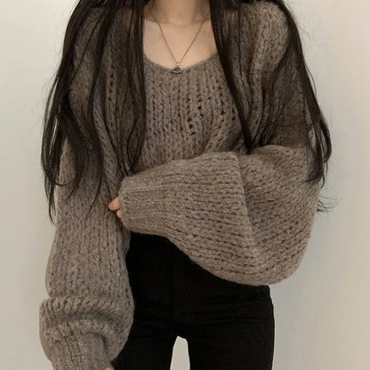 Women's casual hollow out lantern sleeve knitted pullover sweater