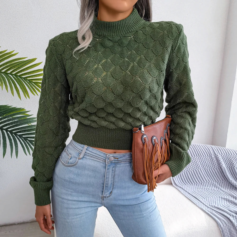 Women's autumn winter crop top hollow out knitted sweater