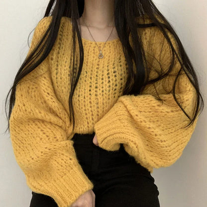 Women's casual hollow out lantern sleeve knitted pullover sweater