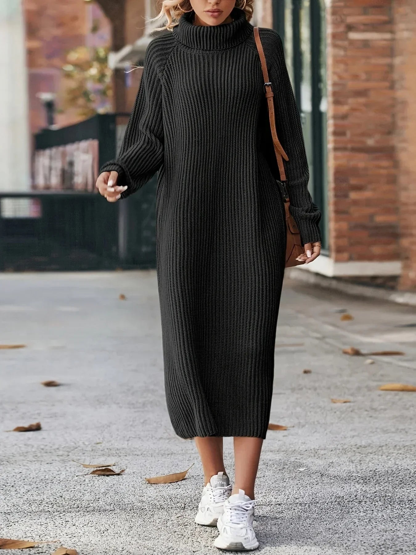 Women's long knitted sweater dress with high collar