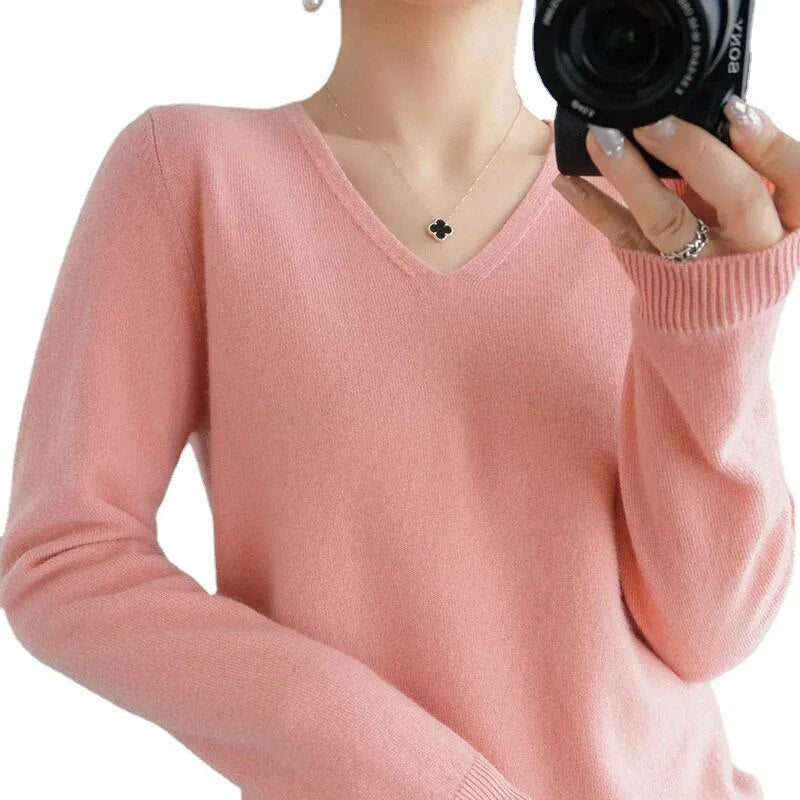 Women's basic knitted v-neck sweater