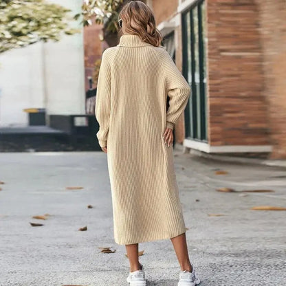 Women's long knitted sweater dress with high collar