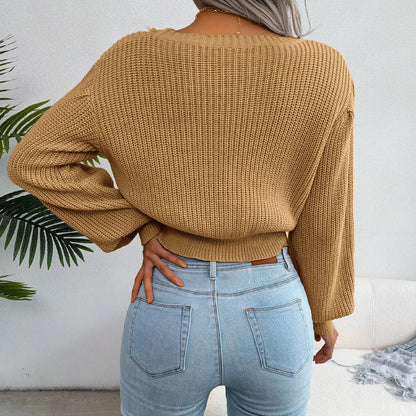 Women's casual slim fit lantern sleeve knitted sweater