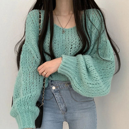 Women's casual hollow out lantern sleeve knitted pullover sweater