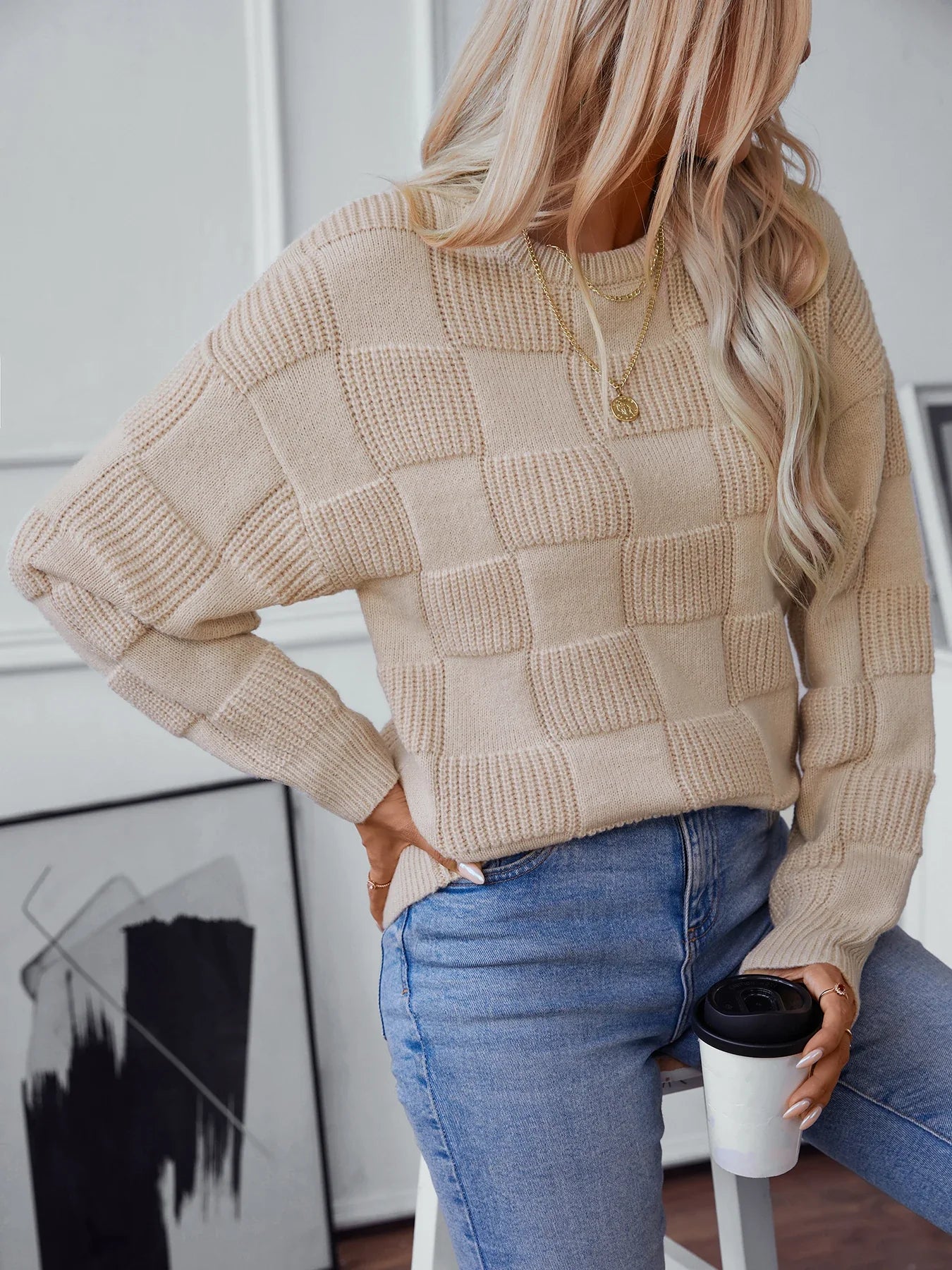 Women's checkered loose fit round neck knitted sweater top