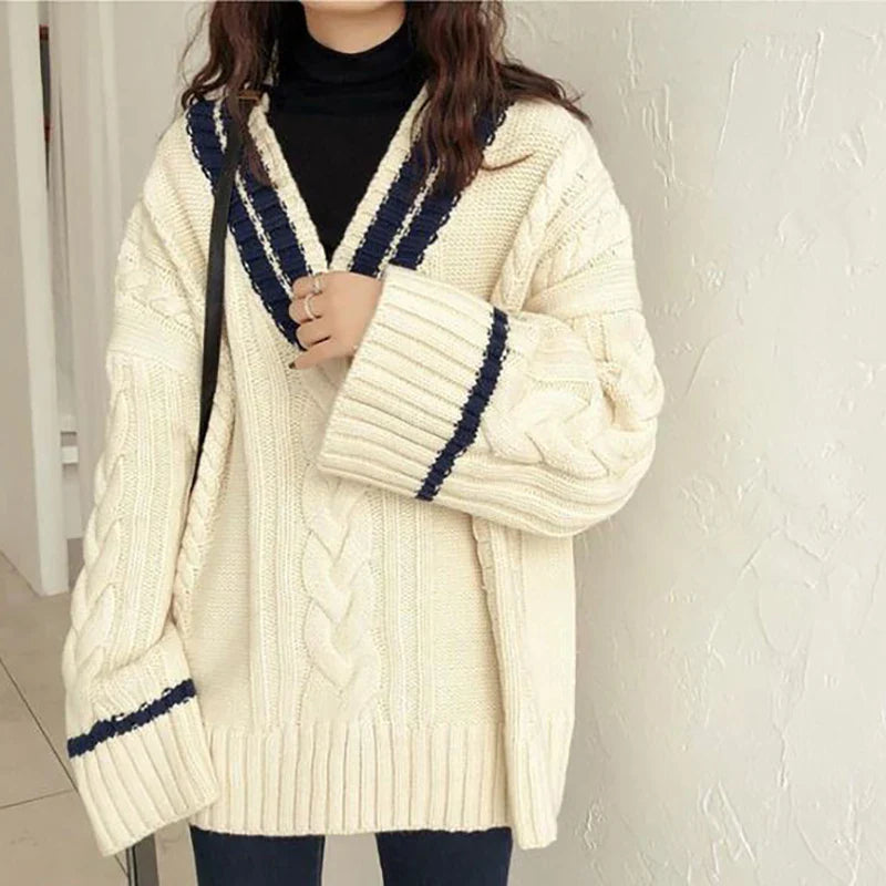 Women's autumn/winter thickened ribbed v-neck loose casual knit sweater