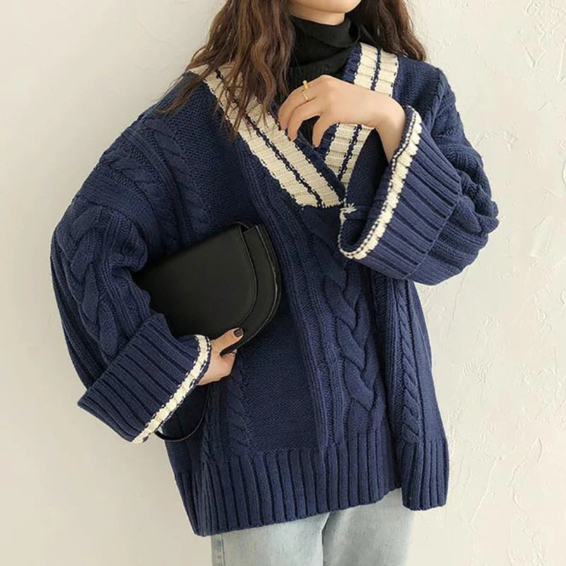 Women's autumn/winter thickened ribbed v-neck loose casual knit sweater