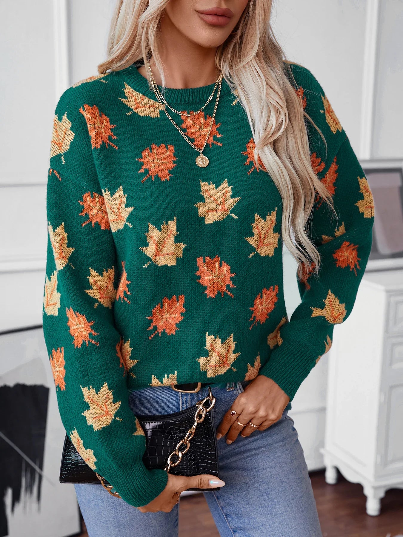 Women's autumn winter maple leaf pullover knitted sweater