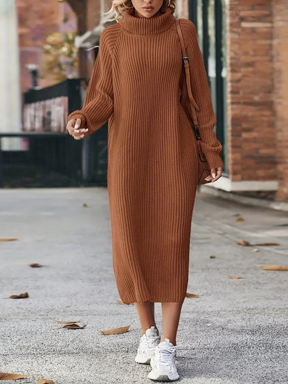 Women's long knitted sweater dress with high collar