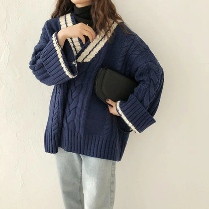 Women oversized v neck vintage knit sweater