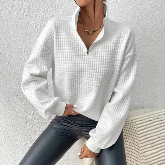 Women's autumn waffle sweatshirt with stand collar and zipper