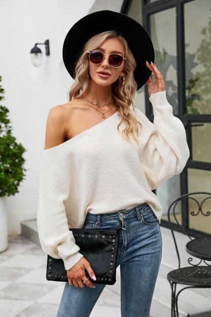 Piper - boat neck horizontal ribbing dolman sleeve sweater